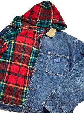 Polo Hi-tech Denim Jacket Plaid Fleece Lining Mens Large